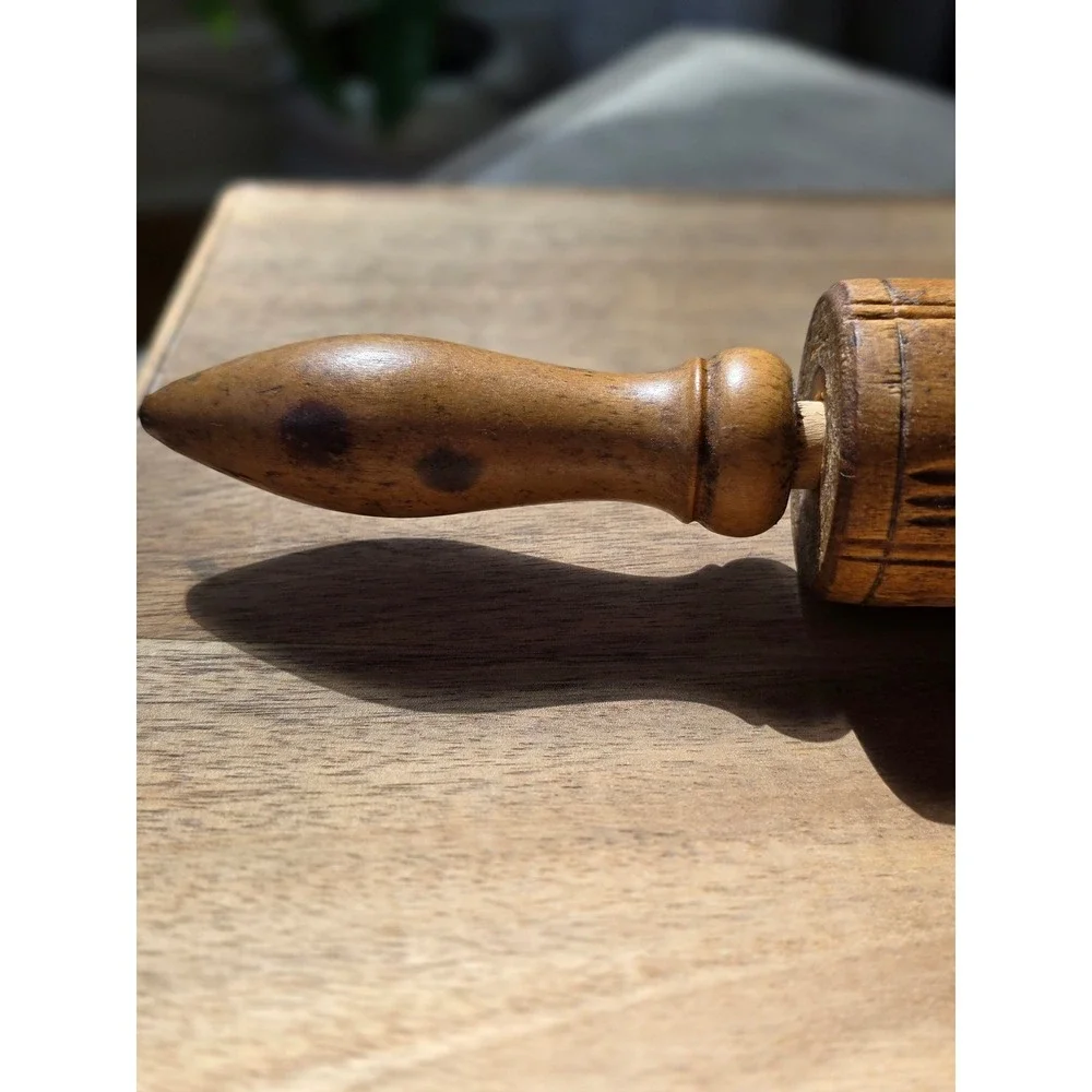 Vintage Hand Carved Wooden Springerle Rolling Pin Owl Star Folk Art Cookie Stamp